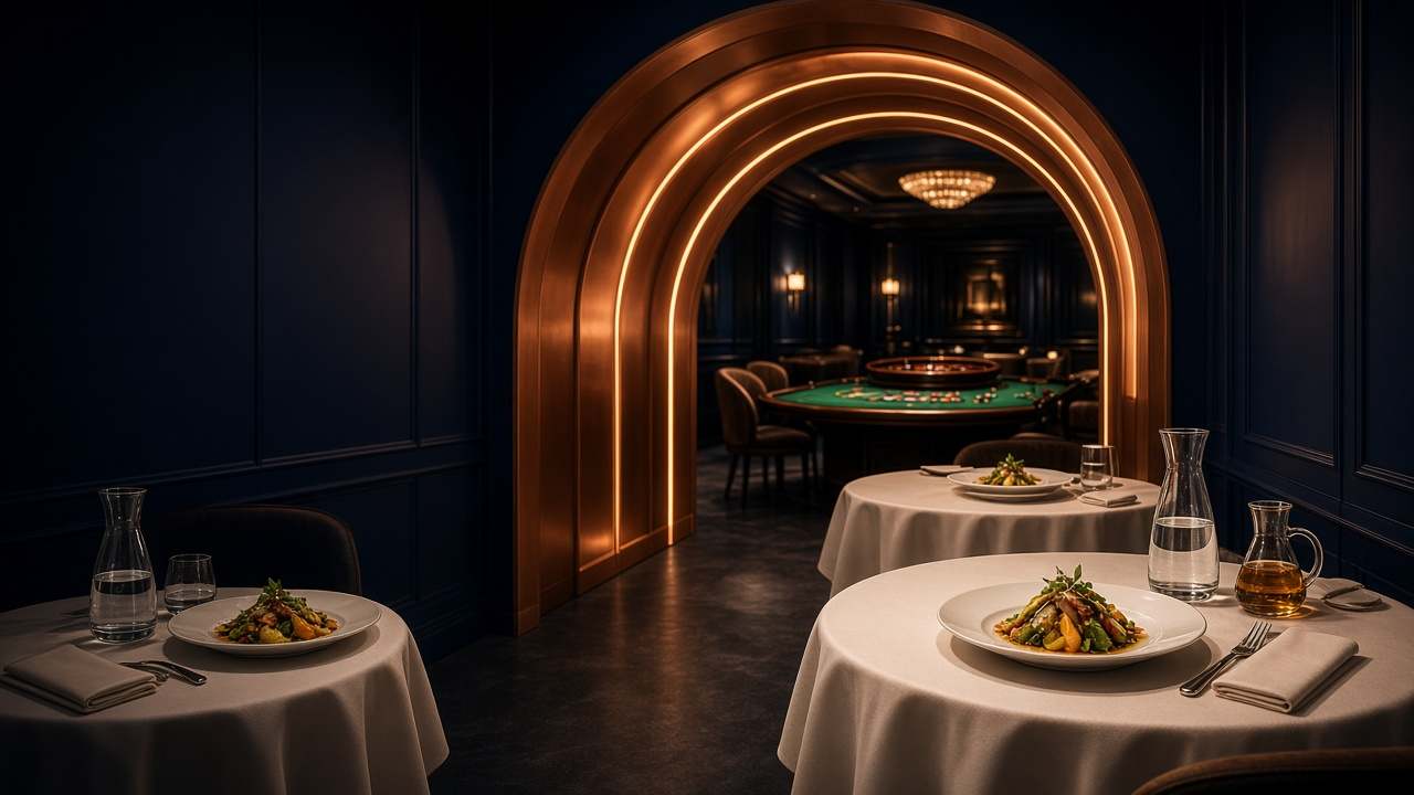 Salle à manger indigo et arche de cuivre ouvrant sur une roulette, tables nappées et carafes d'eau