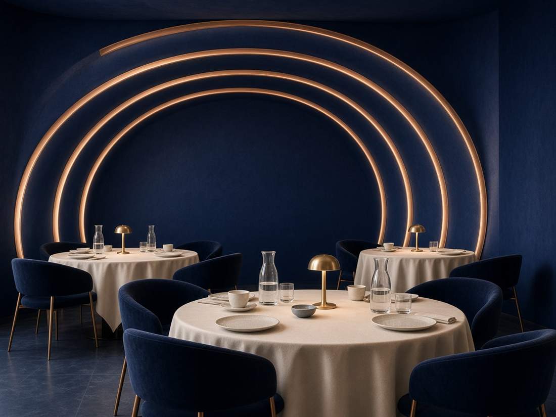Salle ronde aux arches de cuivre, tables nappées, carafes d'eau et lampes basses