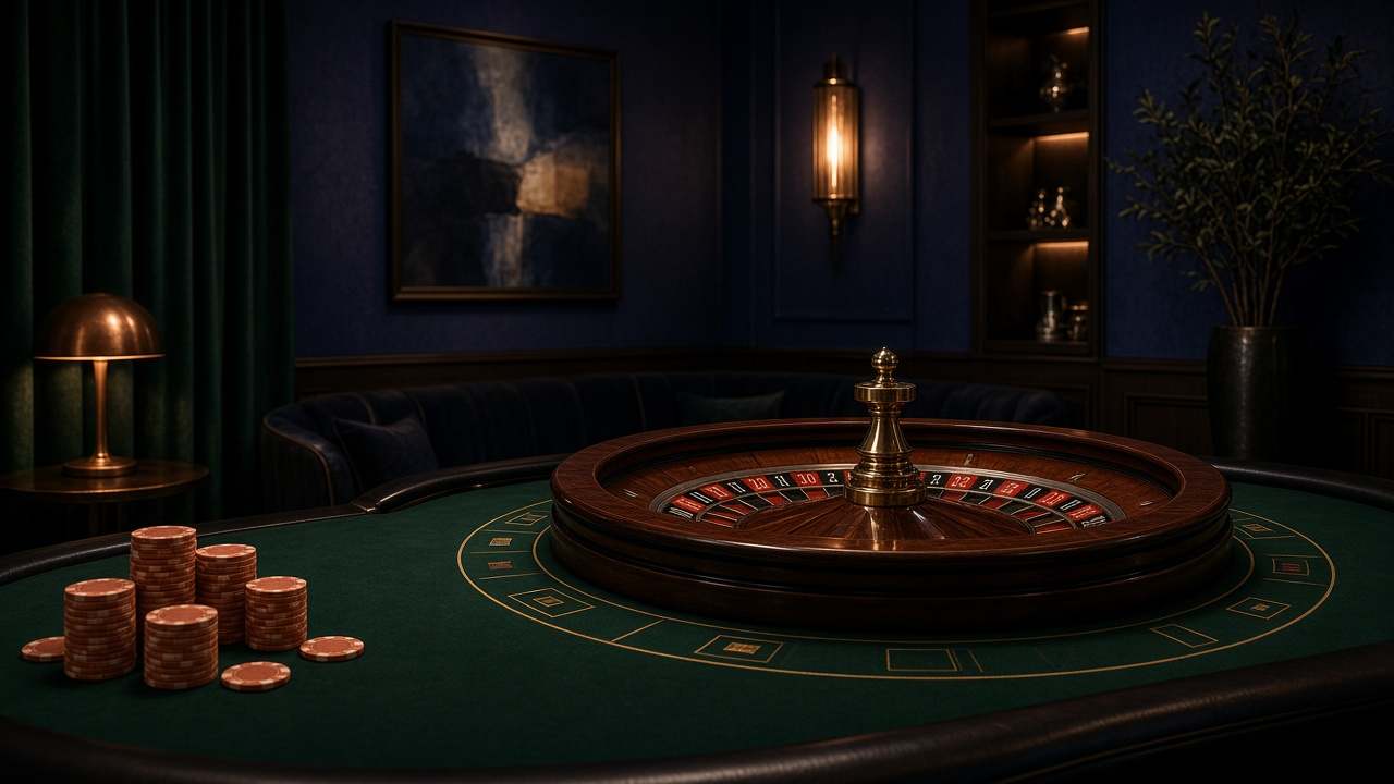 Roulette sur tapis vert, jetons cuivrés et lumière basse dans un salon indigo