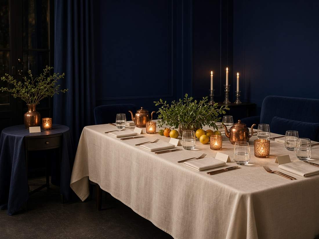 Table longue nappée, théières de cuivre, agrumes et verres d'eau pour une soirée privée