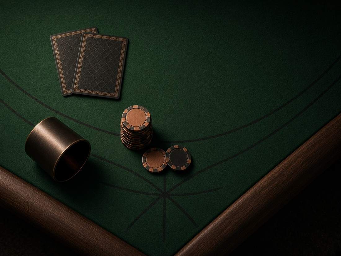 Cartes retournées, jetons cuivre et cornet sur un tapis vert